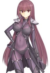 Rule 34 | 1girl, armor, bodysuit, breasts, closed mouth, covered navel, elfenlied22, fate/grand order, fate (series), hair between eyes, highres, large breasts, long hair, looking at viewer, pauldrons, purple bodysuit, purple hair, red eyes, scathach (fate), shoulder armor, simple background, smile, thighs, white background