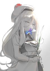 Rule 34 | absurdres, bad id, bad twitter id, belt, beret, blonde hair, blue eyes, commentary request, dress, flower, gloves, gradient background, hair between eyes, hat, highres, kantai collection, lily (flower), long hair, mole, mole under eye, mole under mouth, monochrome, multicolored clothes, multicolored dress, multicolored gloves, multicolored legwear, multicolored scarf, neko (ganecooo), one-hour drawing challenge, pom pom (clothes), richelieu (kancolle), scarf, solo, strapless, strapless dress, white background, white hat
