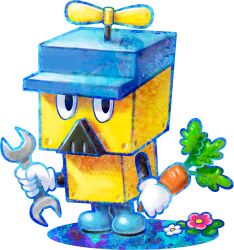 Rule 34 | 1boy, artist request, black eyes, blue footwear, blue headwear, blue outline, boots, brickle, carrot, cube, facial hair, flower, full body, gloves, highres, holding, holding carrot, holding wrench, looking at viewer, male focus, mario &amp; luigi: dream team, mario &amp; luigi rpg, mario (series), mustache, nintendo, official art, outline, pink flower, propeller, propeller hat, solo, transparent background, white flower, white gloves, wrench