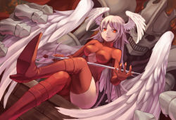 Rule 34 | 1girl, angel wings, bad id, bad pixiv id, bodysuit, boots, breasts, clothing cutout, crossed legs, dual persona, dutch angle, final fantasy, final fantasy tactics, gloves, hatomune6, head wings, high heel boots, high heels, highleg, highleg leotard, holding, holding weapon, leotard, long hair, looking at viewer, medium breasts, red eyes, red footwear, red leotard, red thighhighs, silver hair, sitting, size difference, skeleton, smile, solo, sword, thigh boots, thighhighs, turtleneck, ultima (fft), underboob, underboob cutout, very long hair, weapon, wings