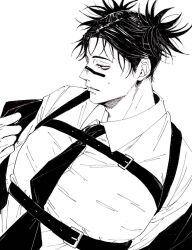Rule 34 | 1boy, belt, choso (jujutsu kaisen), collared shirt, facial tattoo, formal, highres, jujutsu kaisen, lips, male focus, medium hair, monochrome, necktie, parted lips, removing jacket, shirt, short twintails, solo, suit, suspenders, tattoo, twintails, upper body, yume041624
