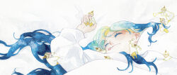 Rule 34 | &gt; &lt;, 1girl, 6+boys, arms up, bed sheet, biting, blonde hair, blowing, blue hair, bodysuit, cheek pinching, closed eyes, cloud, colored eyelashes, colored inner hair, colored pencil (medium), commentary, drumsticks, finger biting, grabbing another&#039;s hair, hat, highres, holding, holding drumsticks, horn (instrument), in palm, instrument, long hair, long sleeves, lying, mini person, miniboy, multicolored hair, multiple boys, music, on back, on bed, onoda ema, original, painting (medium), pinching, playing instrument, pointy hat, portrait, pulling, robe, shirt, sitting, size difference, sleeping, solo focus, struggling, traditional media, watercolor (medium), white hair, white robe, white shirt, wizard hat, yellow bodysuit