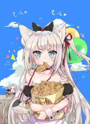 Rule 34 | + +, 2girls, :t, animal bag, animal ears, apron, azur lane, bag, balloon, black bow, black dress, blue eyes, blue sky, blush, bow, camcorder, cat bag, cat ears, cat hair ornament, choker, closed mouth, cloud, collarbone, commentary request, day, dress, fang, food, food on face, hair bow, hair ornament, hair ribbon, hammann (azur lane), hand on own cheek, hand on own face, handbag, highres, holding, long hair, long sleeves, looking at viewer, mito (go!go!king!), mouth hold, multiple girls, hugging object, one side up, outdoors, paper bag, puffy short sleeves, puffy sleeves, red choker, red ribbon, ribbon, short sleeves, shoulder bag, silver hair, sky, solo focus, strapless, strapless dress, taiyaki, v-shaped eyebrows, very long hair, video camera, wagashi, waist apron, white apron, wrist cuffs, yorktown (azur lane)