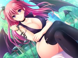 Rule 34 | 1girl, arm strap, ayase hazuki, black wings, blush, breasts, chain, choker, cleavage, crossed legs, demon girl, firika mia shatana, head wings, holding, holding chain, huge breasts, large breasts, looking at viewer, nukidoki!, outdoors, red hair, shiny skin, sitting, sleeveless, smile, solo, tail, thighhighs, wings