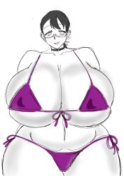 Rule 34 | 1girl, black hair, blush, breasts, cattleya, cleavage, fat, gigantic breasts, glasses, highres, huge breasts, ponytail, queen&#039;s blade, smile, solo, thick thighs, thighs, wide hips