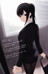 Rule 34 | 1girl, black hair, black jacket, black pantyhose, black skirt, blunt bangs, blurry, blurry background, cait aron, commentary, destroy dick december, english commentary, english text, from behind, highres, holding hands, jacket, legs together, long sleeves, looking at viewer, looking back, miniskirt, no nut november, original, pantyhose, parted lips, ponytail, pov, pov hands, purple eyes, rolling suitcase, skirt, solo focus, standing, suitcase