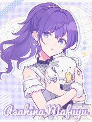 Rule 34 | 1girl, :o, animal, arm cuffs, asahina mafuyu, character name, cogimyun, color guide, commentary, crossed arms, dress, drop shadow, earrings, food, fur cuffs, grey dress, grid background, highres, holding, holding animal, jewelry, letterboxed, looking at viewer, plaid, plaid background, ponytail, project sekai, purple background, purple eyes, purple hair, sanrio, shrimp, shrimp tempura, sleeveless, sleeveless dress, snowflake earrings, tempura, upper body, waka (wk4444)
