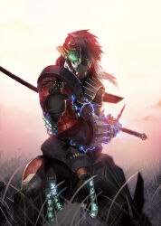 Rule 34 | 1boy, armor, backlighting, black eyes, black hair, blood, blood from mouth, broken armor, damaged, electricity, feet out of frame, fighting stance, floating hair, full armor, glowing, glowing eye, grass, highres, holding, holding sword, holding weapon, katana, looking at viewer, male focus, medium hair, minato kageaki, namaniku atk, official art, outdoors, parted lips, serious, sky, solo, soukou akki muramasa, sparks, stance, sword, tall grass, twilight, weapon