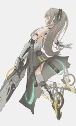 Rule 34 | 1girl, absurdres, black dress, chainsword, closed mouth, dress, from behind, grey background, grey eyes, grey hair, highres, holding, holding sword, holding weapon, long hair, mechanical arms, mechanical legs, mo geng, nanami: pulse (punishing: gray raven), nanami (punishing: gray raven), ponytail, punishing: gray raven, sidelocks, skates, solo, sword, very long hair, weapon