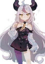 Rule 34 | 1girl, ahoge, bare shoulders, blush, braid, closed mouth, collarbone, demon girl, demon horns, detached sleeves, eyelashes, grey hair, highres, hololive, holox, horns, imamiya pinoko, la+ darknesss, long hair, looking at viewer, multicolored hair, necktie, o-ring, orange necktie, pointy ears, purple hair, purple horns, purple thighhighs, simple background, single thighhigh, sleeves past wrists, smile, solo, streaked hair, striped horns, thighhighs, turtleneck, very long hair, virtual youtuber, white background, x, yellow eyes