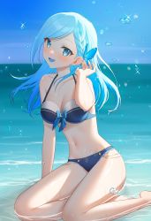 Rule 34 | 1girl, absurdres, beach, bikini, blue eyes, blue hair, blush, braid, breasts, butterfly hair ornament, commission, crescent, crescent pin, hair ornament, highres, indie virtual youtuber, long hair, looking at viewer, navel, oemmnn, open mouth, sitting, skeb commission, smile, solo, sparkle, sunlight, swimsuit, tsukino diana, virtual youtuber, water, water drop, waves, wet