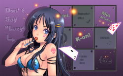 Rule 34 | 00s, 1girl, akiyama mio, bad id, bad pixiv id, bikini, bikini top only, black hair, blue eyes, blue nails, breasts, candy, card, cleavage, don&#039;t say &quot;lazy&quot;, facepaint, food, front-tie top, hair ornament, hairclip, holding, holding card, k-on!, lollipop, looking at viewer, medium breasts, nail polish, shiny skin, skindentation, solo, swimsuit, tattoo, tidsean, wallpaper