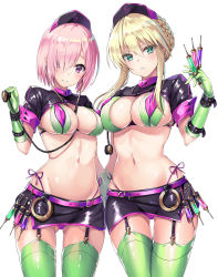 Rule 34 | 2girls, :o, artoria pendragon (fate), artoria pendragon (lancer) (fate), belt, between breasts, between fingers, bikini, black skirt, blonde hair, braid, breasts, cleavage, closed mouth, cosplay, cowboy shot, elbow gloves, eyebrows, fate/grand order, fate (series), florence nightingale (fate), florence nightingale (fate) (cosplay), florence nightingale (trick or treatment) (fate), french braid, garter belt, gloves, gluteal fold, green eyes, green gloves, green legwear, hair over one eye, harimoji, hat, highres, holding, large breasts, layered bikini, looking at viewer, mash kyrielight, medium breasts, microphone, multiple girls, navel, official alternate costume, open mouth, pink hair, pink ribbon, purple eyes, purple hat, raised eyebrows, ribbon, shiny clothes, shiny skin, short hair, short hair with long locks, short sleeves, shrug (clothing), side-tie bikini bottom, sidelocks, simple background, skindentation, skirt, smile, standing, stethoscope, stomach, swimsuit, syringe, thigh gap, thighhighs, v-shaped eyebrows, white background, wrist cuffs