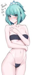 Rule 34 | 1girl, absurdres, bare shoulders, black one-piece swimsuit, blush, braid, breasts, closed mouth, collarbone, covered navel, cowboy shot, freckles, green hair, gris swimsuit, hair ornament, half updo, hand on own hip, hand up, heart, highres, large breasts, medium hair, meme attire, milestone celebration, mole, mole on arm, mole on breast, mole under eye, one-piece swimsuit, original, pointy ears, ponytail, see-through, see-through one-piece swimsuit, shellvi, simple background, standing, strapless, strapless one-piece swimsuit, sweatdrop, swimsuit, thank you, thighs, two-tone swimsuit, white background
