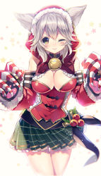 Rule 34 | 10s, 1girl, ;), animal ears, bad id, bad pixiv id, bell, neck bell, blush, breasts, choker, claws, cleavage cutout, clothing cutout, erune, granblue fantasy, green skirt, highres, large breasts, looking at viewer, one eye closed, plaid, plaid skirt, rugo, sen (granblue fantasy), silver hair, skirt, smile, solo, star (symbol), starry background, yellow eyes