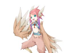 Rule 34 | 1girl, bird legs, blue choker, blush, breasts, brown feathers, brown wings, choker, earrings, feather hair, feathered wings, feathers, frfr, game cg, gradient hair, green eyes, harpy, jewelry, looking at viewer, mon-musu quest!, monster girl, multicolored hair, navel, non-web source, open mouth, pink hair, purple hair, reina (mon-musu quest!), short hair with long locks, sidelocks, small breasts, solo, transparent background, winged arms, wings