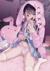 Rule 34 | 1girl, animal hood, bad id, bad twitter id, black hair, black nails, blue eyes, blush, cellphone, charm (object), check copyright, clothes lift, copyright request, cross, cross earrings, dakimakura (ofin), earrings, highres, holding, holding phone, hood, hooded jacket, indoors, jacket, jewelry, lifted by self, multicolored hair, nail polish, open clothes, open jacket, original, panties, phone, pink hair, pink jacket, pink panties, rabbit hood, sitting, skirt, skirt lift, smartphone, solo, streaked hair, stuffed animal, stuffed rabbit, stuffed toy, thighhighs, two-tone hair, underwear, wariza, white thighhighs
