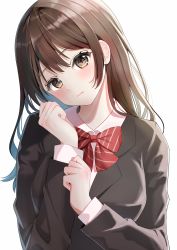 Rule 34 | 1girl, black jacket, bow, bowtie, brown eyes, brown hair, closed mouth, collared shirt, colored inner hair, hair between eyes, head tilt, highres, jacket, long hair, long sleeves, looking at viewer, multicolored hair, nao (nao85364), original, red bow, red bowtie, school uniform, shirt, silver hair, simple background, solo, straight hair, striped bow, striped bowtie, striped clothes, two-tone hair, upper body, white background, white shirt, wing collar