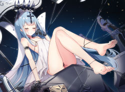 Rule 34 | 14c, 1girl, absurdres, azur lane, bare shoulders, barefoot, black gloves, blue hair, breasts, champagne (azur lane), cross, cross hair ornament, crown, closed eyes, feet, floating headgear, gloves, hair ornament, half gloves, headgear, highres, long hair, no shoes, small breasts, soles, solo, toes