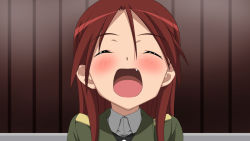 Rule 34 | 1girl, child, closed eyes, fang, minna-dietlinde wilcke, monizumi ishikawa, open mouth, red hair, solo, strike witches, world witches series