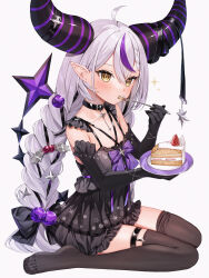 Rule 34 | 1girl, absurdres, ahoge, alternate costume, bare shoulders, belt choker, black bow, black dress, black gloves, black thighhighs, blush, bow, cake, cake slice, demon horns, dress, eating, elbow gloves, expressionless, food, fork, frilled dress, frills, from side, fruit, gloves, hair bow, highres, holding, holding fork, holding plate, hololive, horns, la+ darknesss, large horns, left-handed, legwear garter, long hair, low-braided long hair, multicolored hair, pink bow, plate, pointy ears, purple hair, runlan 0329, simple background, sitting, sleeveless, sleeveless dress, solo, strawberry, streaked hair, striped horns, thighhighs, two-tone hair, very long hair, virtual youtuber, wariza, white background, white hair, yellow eyes, zettai ryouiki
