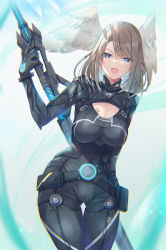Rule 34 | 1girl, blue eyes, blush, bodysuit, breasts, cleavage, cleavage cutout, clothing cutout, cowboy shot, eunie (xenoblade), grey hair, head wings, highres, inoue takuya (tactactak), large breasts, looking at viewer, medium hair, open mouth, smile, solo, thigh gap, weapon, wings, xenoblade chronicles (series), xenoblade chronicles 3