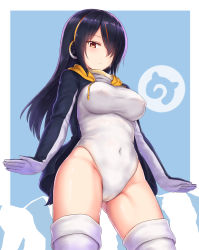 Rule 34 | 10s, 1girl, black hair, breasts, brown eyes, cai geng, cameltoe, covered erect nipples, covered navel, emperor penguin (kemono friends), hair over one eye, headphones, highres, hood, hoodie, japari symbol, kemono friends, large breasts, leotard, long hair, looking at viewer, multicolored hair, open clothes, solo, thighhighs, white leotard, white thighhighs, wrists extended