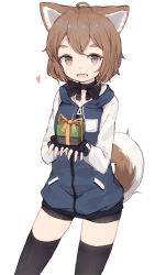 Rule 34 | 1girl, :d, ahoge, animal ears, black bow, black gloves, black thighhighs, bow, bowtie, box, brown eyes, brown hair, commentary, dog ears, dog tail, english commentary, fang, fingerless gloves, gift, gift box, gloves, heart, highres, hood, hood down, hoodie, looking at viewer, open mouth, original, shone, short hair, simple background, smile, solo, tail, thighhighs, white background