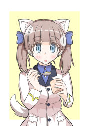 Rule 34 | 1girl, :o, absurdres, animal ear fluff, animal ears, blue eyes, blue ribbon, blue shirt, blush, border, brave witches, breasts, brown hair, cat ears, cowboy shot, dog tail, eating, food request, georgette lemare, highres, jacket, looking at viewer, medium breasts, outside border, ribbon, shirt, short twintails, solo, strike witches, tail, twintails, uniform, white border, white jacket, world witches series, yama dango, yellow background, yellow border