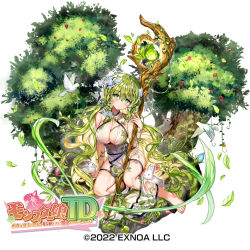 Rule 34 | 1girl, 2022, arm support, bare legs, bare shoulders, barefoot, between breasts, bird, blonde hair, blush, braid, breasts, bud, center opening, character request, cleavage, colored inner hair, company name, copyright name, criss-cross halter, dress, dryad, falling leaves, flower, fruit tree, fuepo, full body, green eyes, green hair, hair between eyes, hair flower, hair ornament, halter dress, halterneck, head tilt, holding, holding staff, jewelry, large breasts, leaf, light smile, logo, long hair, looking at viewer, monster musume td, multicolored hair, necklace, official art, on rock, orb, pelvic curtain, plant, plant hair, pointy ears, rabbit, see-through, sitting, solo, staff, thigh strap, tree, very long hair, vines, wavy hair, white background, white bird, white dress, yokozuwari