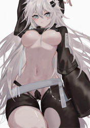 1girl absurdres arknights arm_above_head belt black_thighhighs breasts chinese_commentary closed_mouth clothing_cutout commentary_request cookie_(ppyf5328) cowboy_shot grey_eyes hair_ornament hairclip highres lappland_(arknights) long_hair long_sleeves looking_at_viewer maebari medium_breasts navel no_bra scar scar_across_eye scar_on_face shiny_skin shrug_(clothing) simple_background slit_pupils solo stomach thigh_cutout thighhighs white_background white_hair