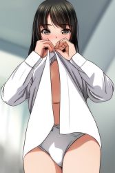 Rule 34 | 1girl, absurdres, black hair, blurry, blurry background, brown eyes, highres, indoors, long sleeves, looking at viewer, matsunaga kouyou, navel, open clothes, open shirt, original, panties, parted lips, shirt, solo, thighs, underwear, white panties, white shirt