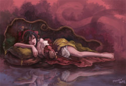 Rule 34 | 1girl, bary, black hair, breasts, dark, drugs, forest, lying, medium breasts, nature, on side, opium pipe, pillow, red eyes, reflection, snake, solo, water