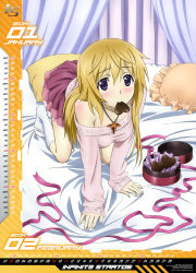 Rule 34 | 10s, 1girl, absurdres, all fours, blonde hair, blush, box, calendar, candy, charlotte dunois, chocolate, chocolate heart, feet, food, frilled pillow, frills, heart, highres, infinite stratos, mouth hold, nishizawa shin&#039;ya, no shoes, off shoulder, official art, on bed, pillow, pink ribbon, pink skirt, purple eyes, ribbon, skirt, socks, solo, sweater, white socks