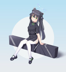 Rule 34 | 1girl, absurdres, aged down, animal ear fluff, animal ears, black footwear, black hair, black thighhighs, blue archive, blue background, blunt bangs, china dress, chinese clothes, dress, full body, green eyes, highres, legs, linger (1240355406), long hair, mary janes, shoes, short sleeves, shun (blue archive), shun (small) (blue archive), simple background, sitting, smile, solo, thighhighs, thighs, tiger ears, twintails, weapon case, white thighhighs