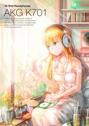 Rule 34 | 1girl, akg, akg k-series headphones, bare shoulders, blonde hair, blue eyes, breasts, cd, cd case, cleavage, english text, headphones, ino satsu, jewelry, listening to music, long hair, necklace, off shoulder, original, product placement, sitting, smile, solo, text focus, window