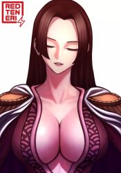 Rule 34 | 1girl, black hair, boa hancock, breasts, cleavage, cloak, closed eyes, dress, epaulettes, hime cut, large breasts, light smile, long hair, one piece, red dress, redteneri, white background