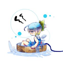 Rule 34 | 1girl, ahoge, alternate hairstyle, basin, blonde hair, blue hair, bow, cirno, detached wings, gradient hair, hair bow, hose, ice, ice wings, kona sleipnir, multicolored hair, open mouth, partially submerged, ponytail, short hair, sleeveless, solo, touhou, water, wings