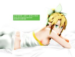 Rule 34 | 10s, 1girl, blonde hair, breasts, green eyes, leafa, long hair, looking at viewer, pointy ears, ponytail, sideboob, simple background, smile, solo, sword art online, white background