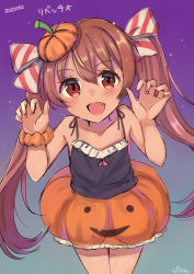 Rule 34 | 1girl, black tank top, brown eyes, brown hair, character name, commentary request, cowboy shot, curled fingers, dark-skinned female, dark skin, dated, halloween costume, hat, jack-o&#039;-lantern, kantai collection, leaning forward, libeccio (kancolle), long hair, looking at viewer, mini hat, night, night sky, one-hour drawing challenge, orange scrunchie, pumpkin skirt, scrunchie, silica (silica silylate), sky, solo, tan, tank top, twintails, wrist scrunchie