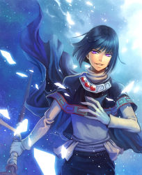 Rule 34 | 1boy, blue hair, blue theme, cape, frontier town, gloves, grin, highres, male focus, purple eyes, short hair, slayers, slit pupils, smile, solo, staff, unusually open eyes, xelloss