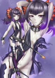 Rule 34 | 1girl, armpits, arms up, baton (weapon), belt, black choker, bracelet, braid, breasts, choker, commission, flower, hair flower, hair ornament, highres, jewelry, looking at viewer, mole, mole under eye, nail polish, pochiiru (uowou), purple background, purple eyes, purple hair, red nails, revealing clothes, short hair, sideless outfit, skeb commission, small breasts, solo, symonne (tales), tales of (series), tales of zestiria, thighhighs, twintails, wardrobe malfunction, weapon