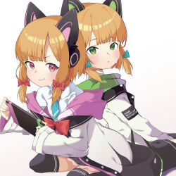 Rule 34 | absurdres, animal ear headphones, animal ears, bent over, black thighhighs, blue archive, blunt bangs, bow, cat ear headphones, cat ears, collared shirt, commentary request, english text, fake animal ears, green eyes, hair bow, hair ribbon, handheld game console, headphones, highres, holding, holding handheld game console, hood, hooded coat, jjetotwt, leaning on person, light brown hair, long sleeves, looking at viewer, midori (blue archive), momoi (blue archive), necktie, orange eyes, parted lips, pleated skirt, ribbon, school uniform, shirt, short hair, siblings, sidelocks, simple background, sisters, sitting, skirt, smile, suspender skirt, suspenders, sweat, thighhighs, tress ribbon, twins, wariza, white background, zettai ryouiki