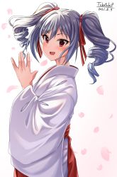 Rule 34 | 1girl, :d, absurdres, artist name, blush, cherry blossoms, commentary request, dated, drill hair, grey hair, hair ribbon, hakama, hakama skirt, highres, idolmaster, idolmaster cinderella girls, japanese clothes, kanzaki ranko, kimono, looking at viewer, miko, open mouth, petals, red eyes, red hakama, red ribbon, ribbon, skirt, smile, solo, takatsuki p, twin drills, twintails, white kimono, wide sleeves