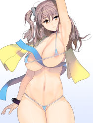 Rule 34 | 1girl, armpits, bikini, blue bikini, breasts, brown eyes, brown hair, female focus, gradient background, highres, kouno (masao), large breasts, long hair, looking at viewer, micro bikini, navel, original, side ponytail, simple background, solo, standing, swimsuit, thick thighs, thighs
