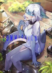 Rule 34 | 1girl, artist name, blue eyes, blue skin, breasts, colored skin, commentary, commission, fish girl, looking at viewer, original, outdoors, rirene rn, shark, shark girl, sharp teeth, shirt, short sleeves, small breasts, solo, tail, teeth, water, white hair, white shirt