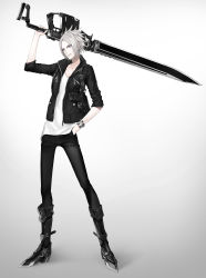 Rule 34 | 1boy, blue eyes, bracelet, ears visible through hair, eyes visible through hair, fingernails, gradient background, grey hair, gun, gunblade, hand in pocket, handgun, highres, holding, holding gun, holding sword, holding weapon, holster, holstered, jewelry, male focus, mecha danshi, original, over shoulder, parted lips, reckless dog, science fiction, sleeves rolled up, smile, solo, standing, sword, weapon, weapon over shoulder, zipper, zipper pull tab