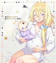 Rule 34 | 1boy, 1other, ahoge, baby, blue eyes, blush, bottomless, bulge, crossed bangs, girly boy, hair between eyes, highres, long hair, looking at viewer, male pregnancy, mama (akemaru), marui shiro, mother and child, naked shirt, one eye closed, open mouth, original, pregnant, scrunchie, shirt, smile, squiggle, trap