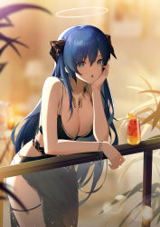 Rule 34 | 1girl, absurdres, arknights, black dress, blue eyes, blue hair, bracelet, breasts, cleavage, cup, dress, drinking glass, hair between eyes, halo, head rest, highres, horns, jewelry, jiusan naitang, large breasts, leaning forward, long hair, mostima (arknights), nail polish, open mouth, plant, red nails, solo, very long hair