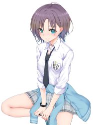 Rule 34 | 1girl, ahoge, aqua eyes, asakura toru, black necktie, blue cardigan, blush, bracelet, breast pocket, buttons, cardigan, cardigan around waist, closed mouth, clothes around waist, collared shirt, commentary request, earrings, grey skirt, highres, idolmaster, idolmaster shiny colors, jewelry, long sleeves, looking at viewer, miniskirt, necktie, parted bangs, pen, plaid, plaid skirt, pleated skirt, pocket, purple hair, rocha (aloha ro cha), shirt, short hair, simple background, sitting, skirt, sleeves rolled up, smile, solo, white background